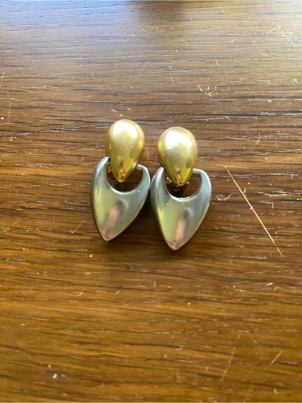 Vintage art deco Gold and Silver Two-Tone Heart Drop clip on Earrings